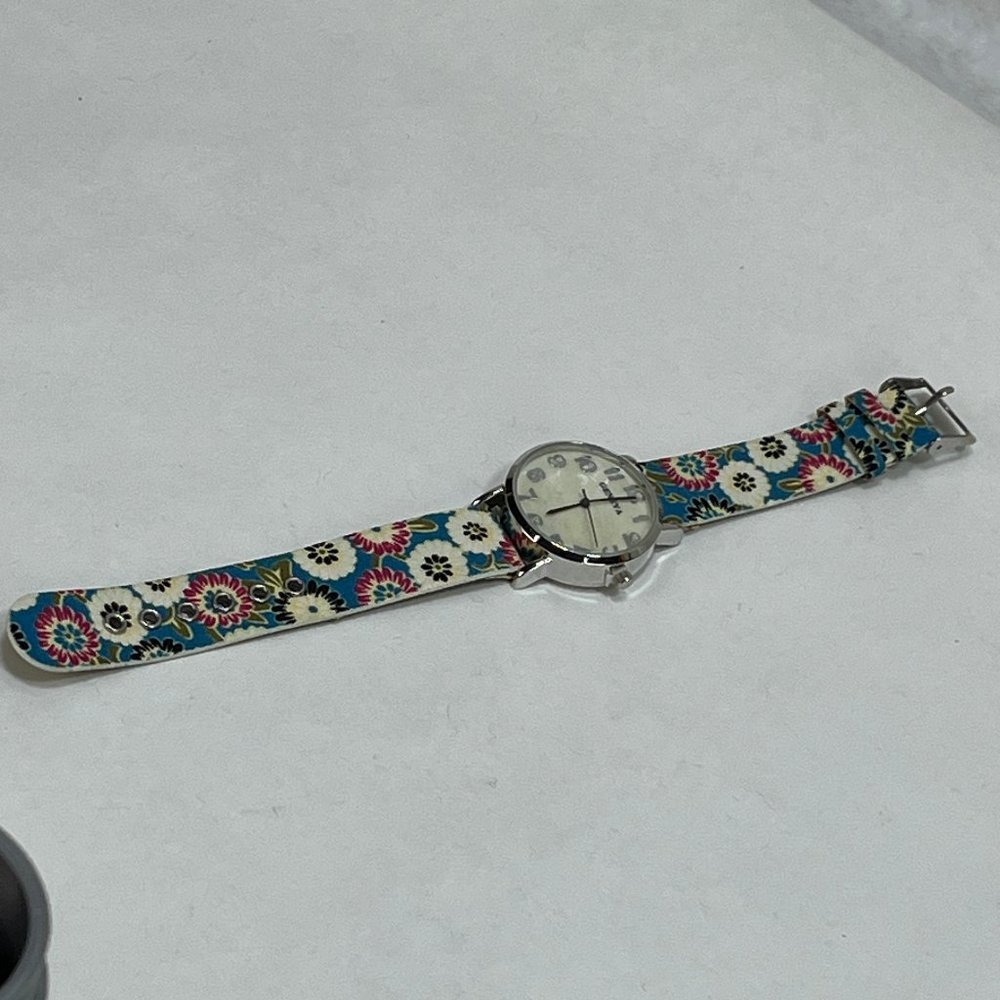 3/$25 Geneva Quartz Pearl Face Flower pattern Denim Band Watch